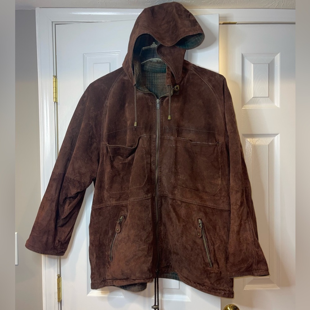 Vintage Suede Leather Bomber Utility Jacket with Hood